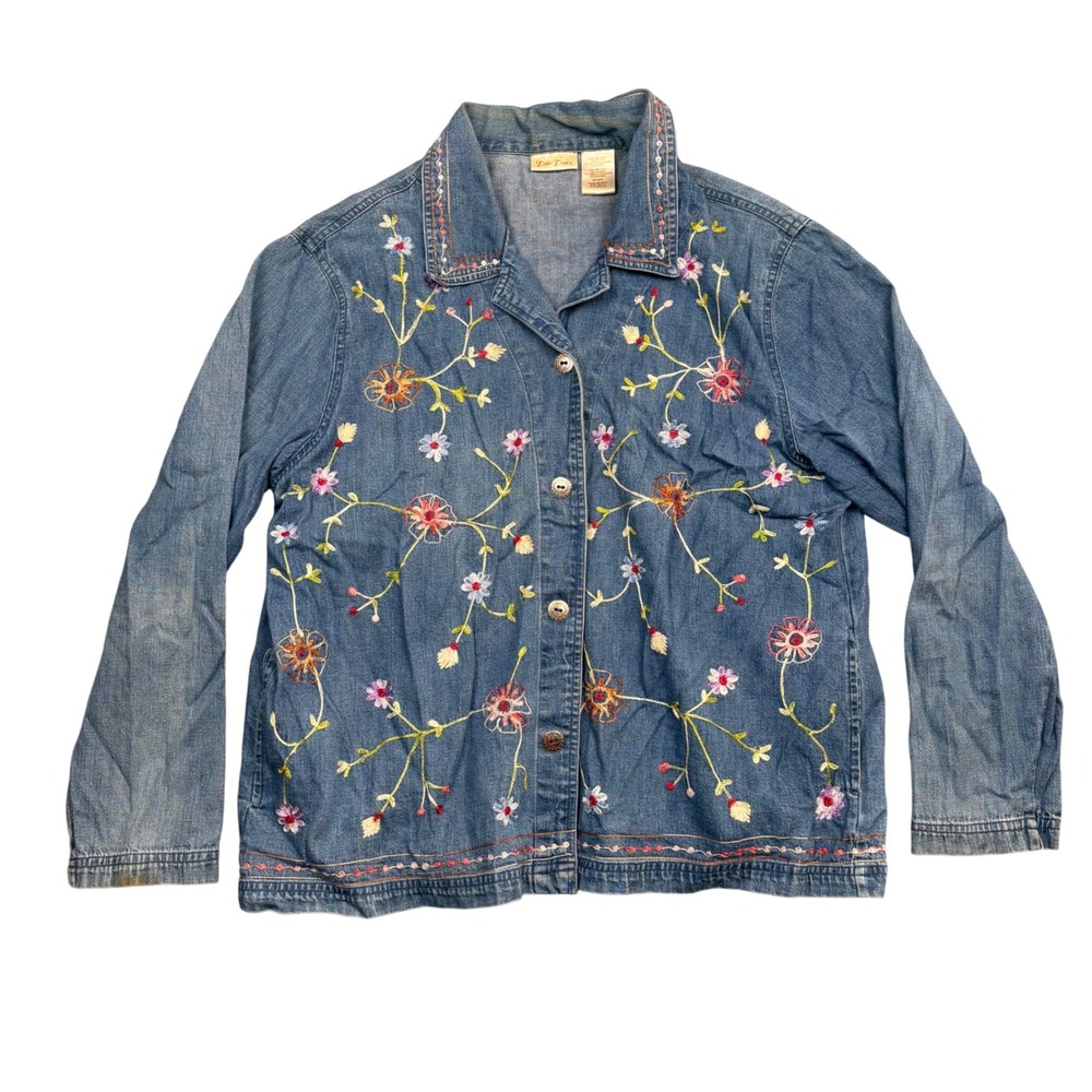 Bobbie Brooks Floral Embroidered Denim Jacket Blue Cotton Button Front XL 0879